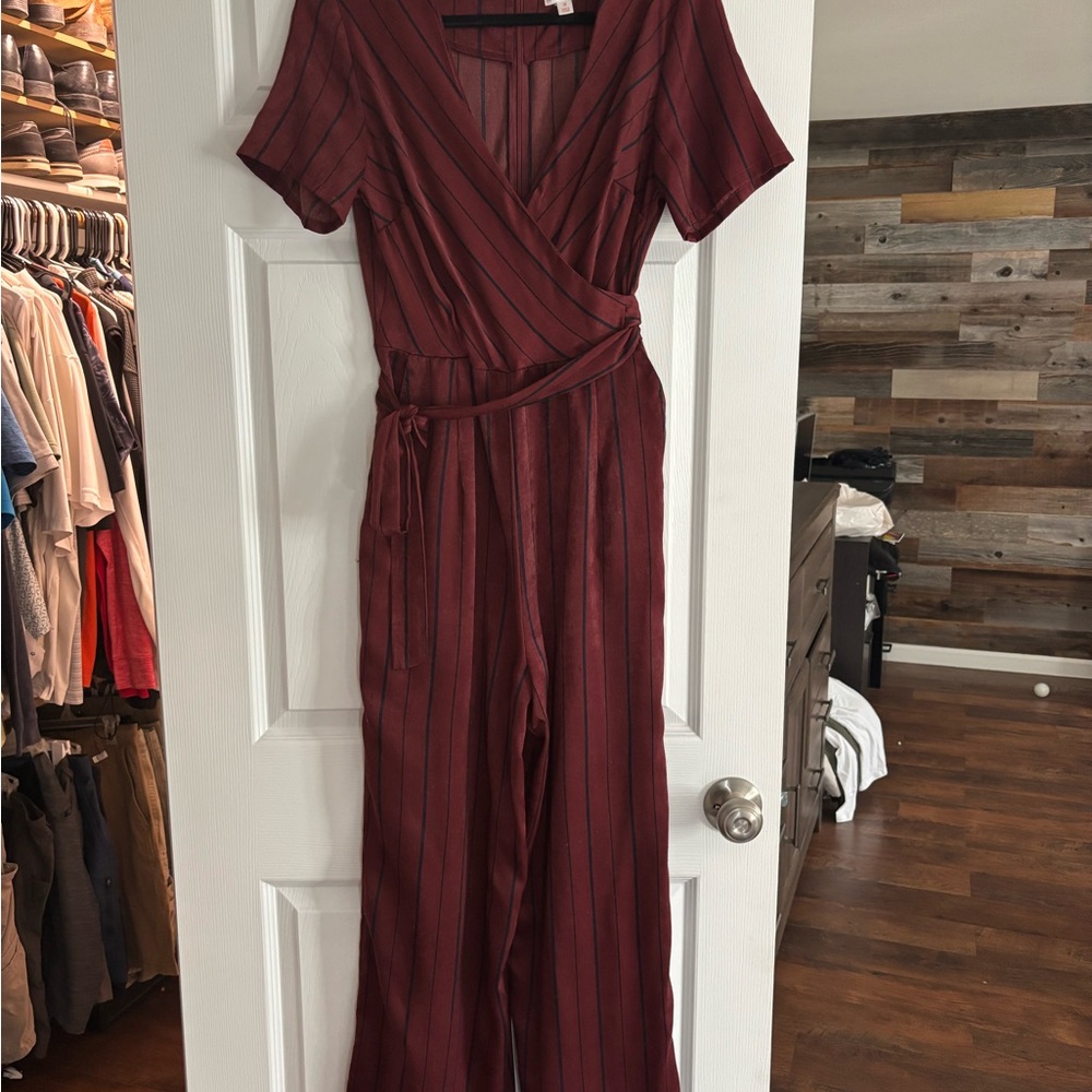 Xhilaration Burgundy and Navy Blue Striped Jumpsuit